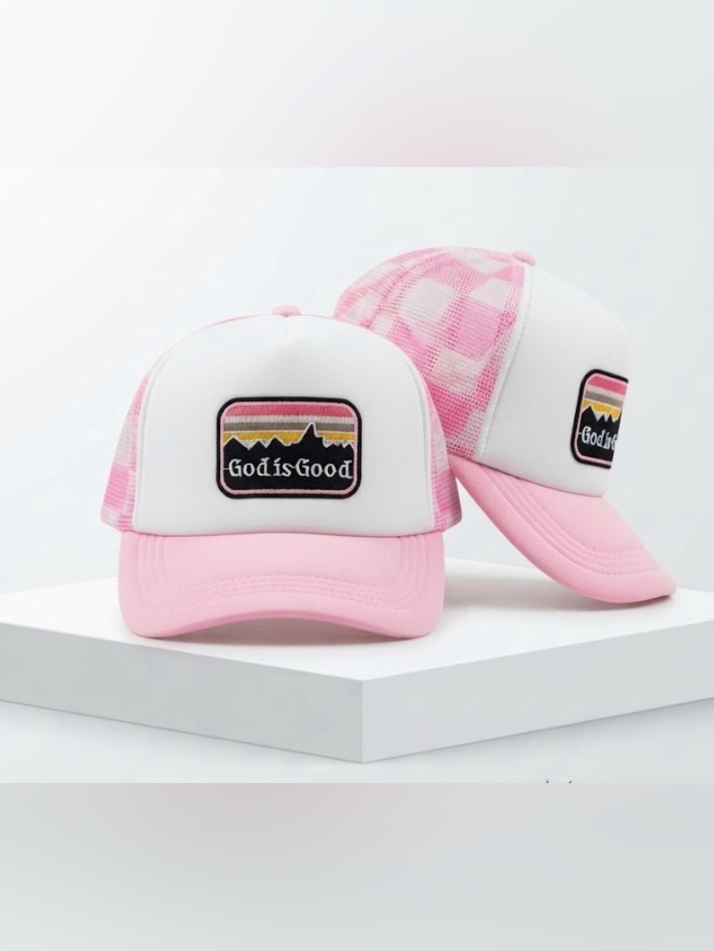 New God is good checkered trucker hat